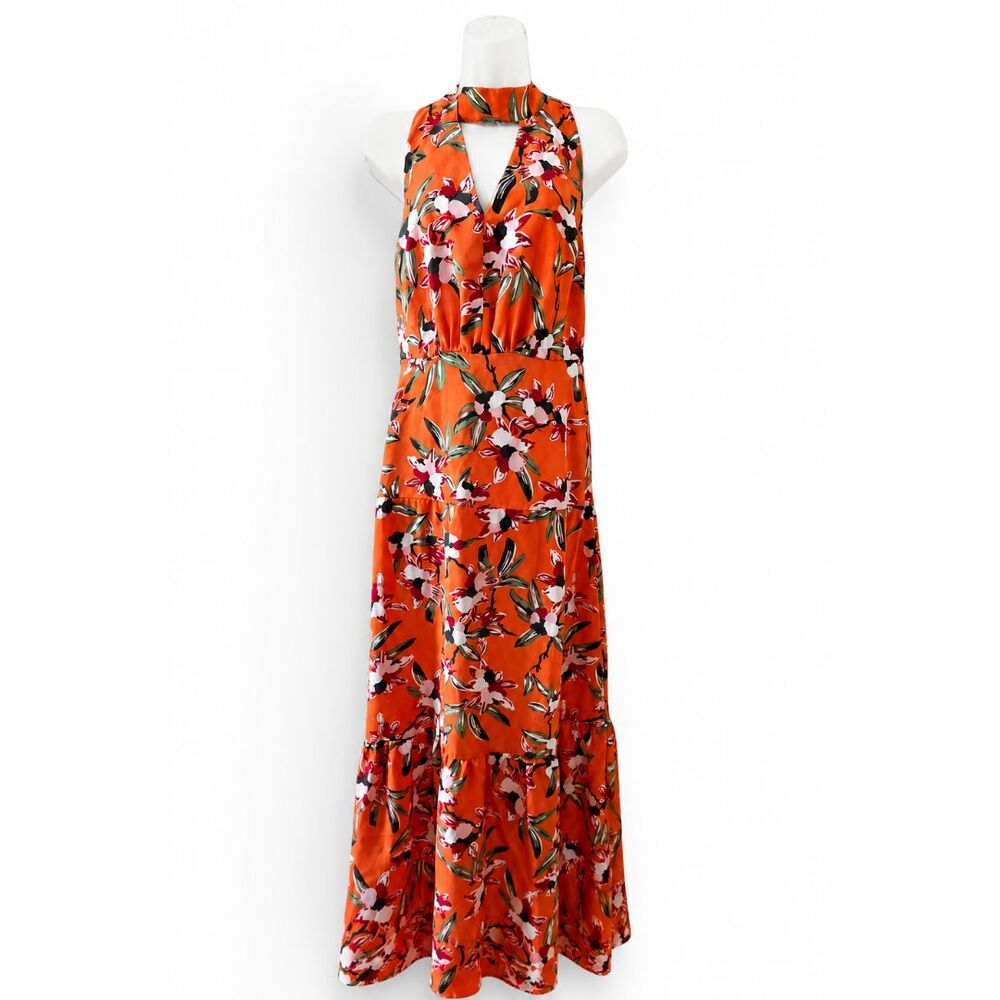 Sam Edelman Floral Halter Maxi Dress Orange Tiered Keyhole Back Tie Wedding 6 - Picture 2 of 11
